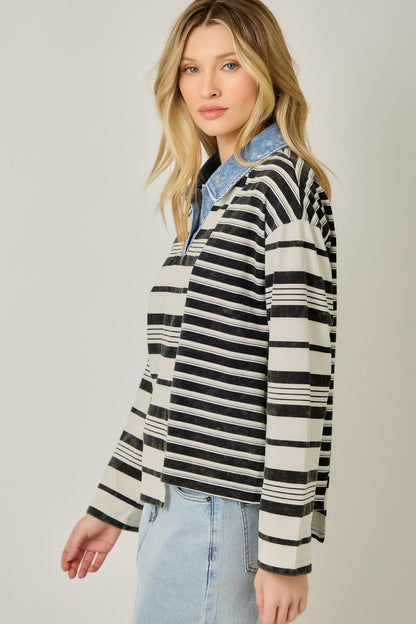 Mixed Stripe Chambray Collar Top