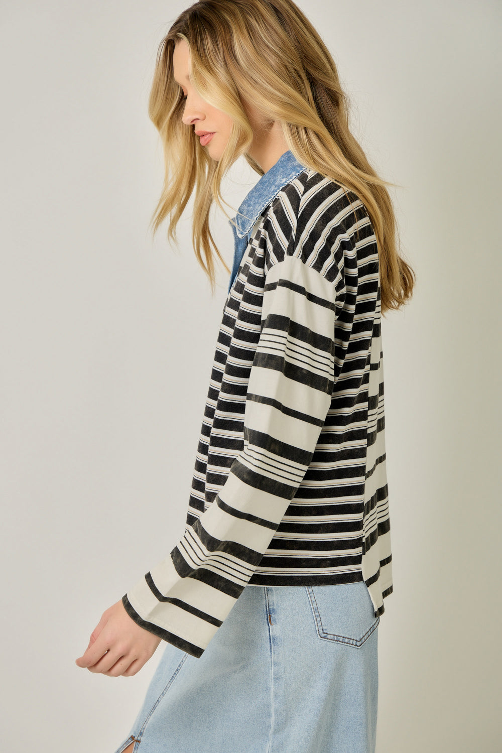 Mixed Stripe Chambray Collar Top