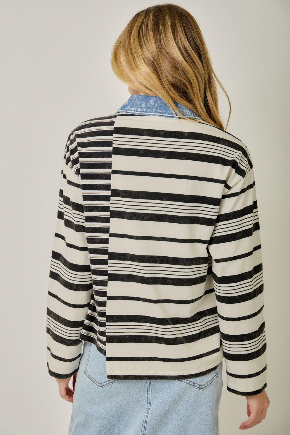 Mixed Stripe Chambray Collar Top