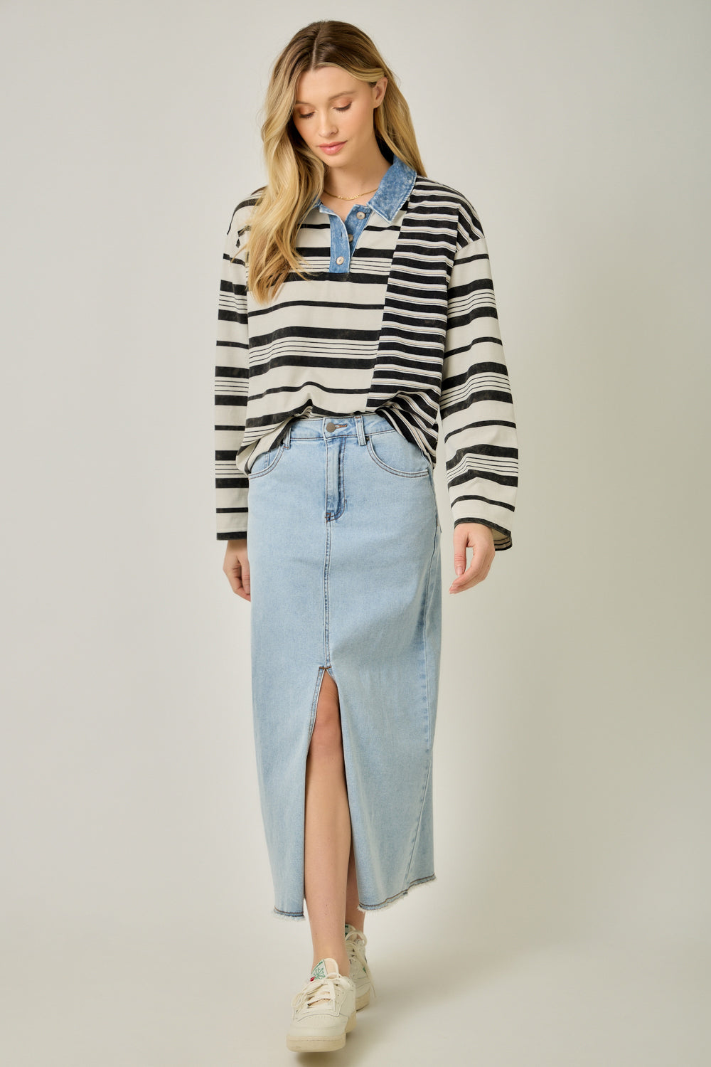 Mixed Stripe Chambray Collar Top