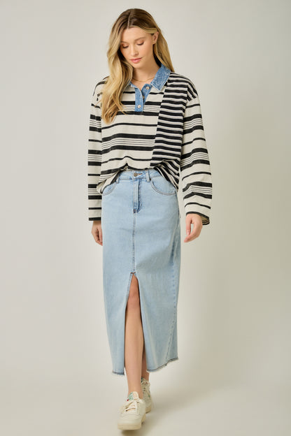Mixed Stripe Chambray Collar Top