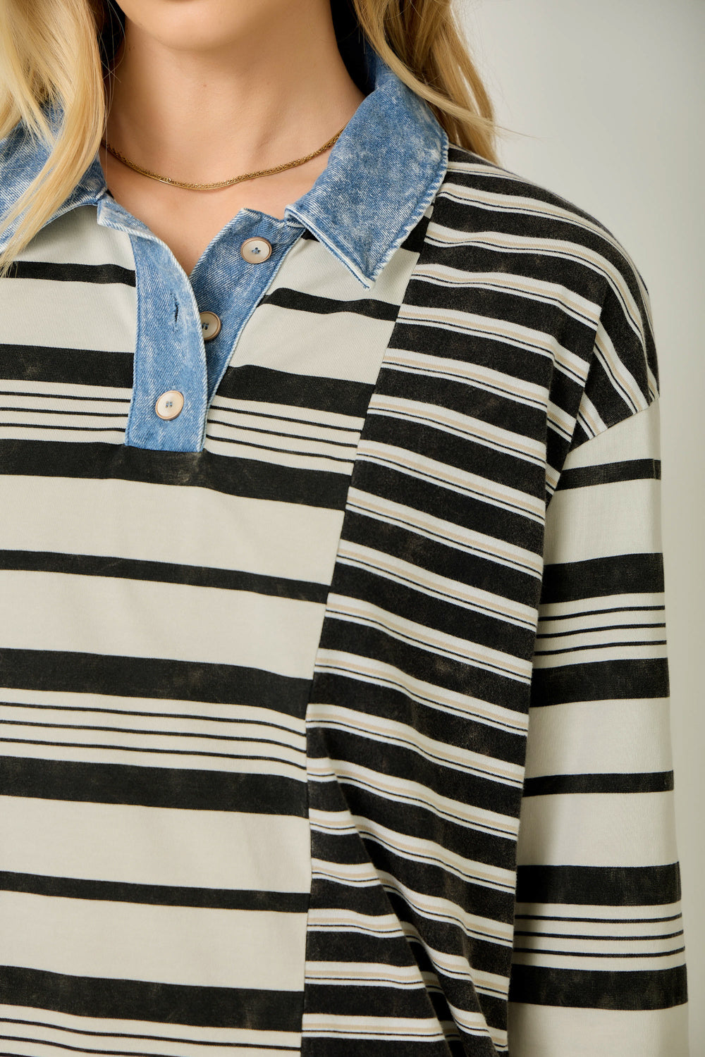 Mixed Stripe Chambray Collar Top