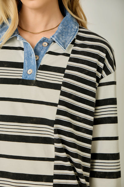 Mixed Stripe Chambray Collar Top