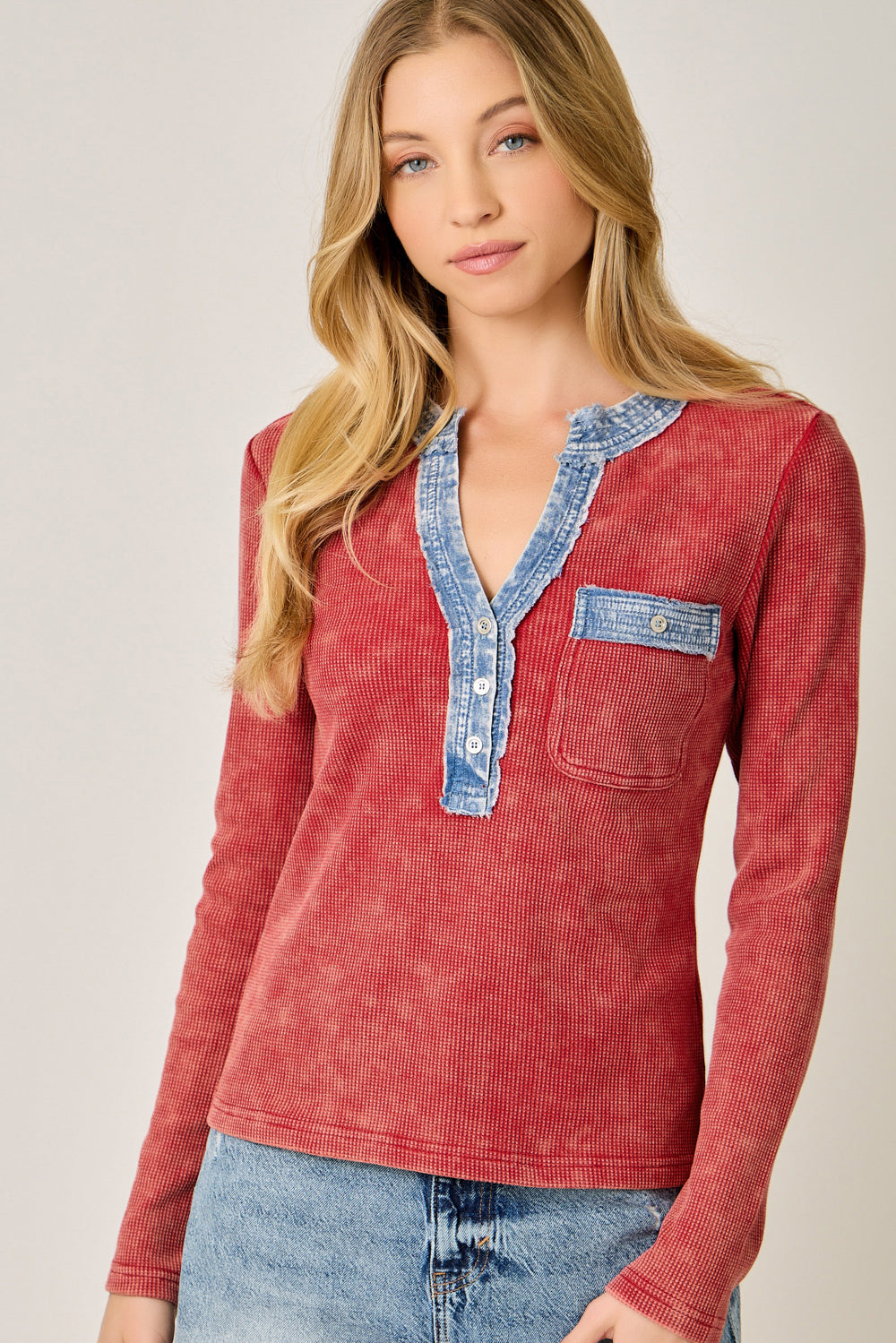 Denim Mixed Henley Washed Red