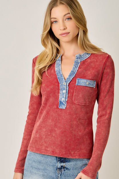 Denim Mixed Henley Washed Red