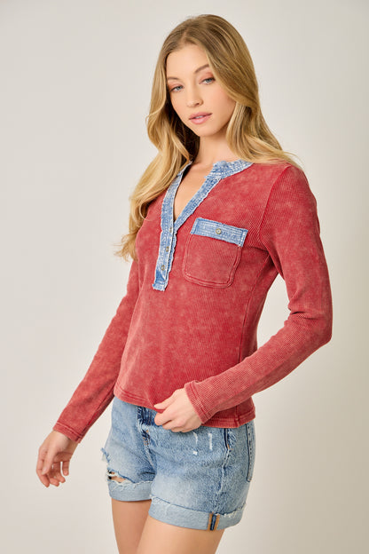 Denim Mixed Henley Washed Red