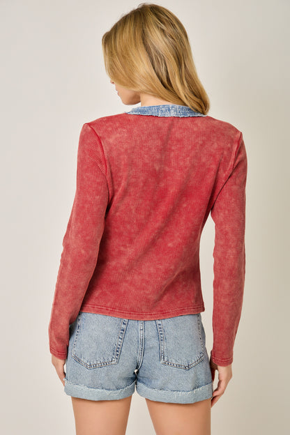 Denim Mixed Henley Washed Red