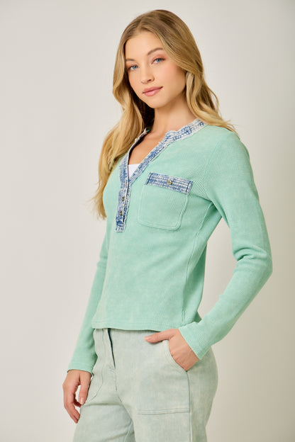 Denim Mixed Henley Washed Sage Mint