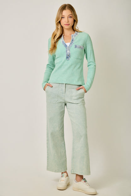 Denim Mixed Henley Washed Sage Mint