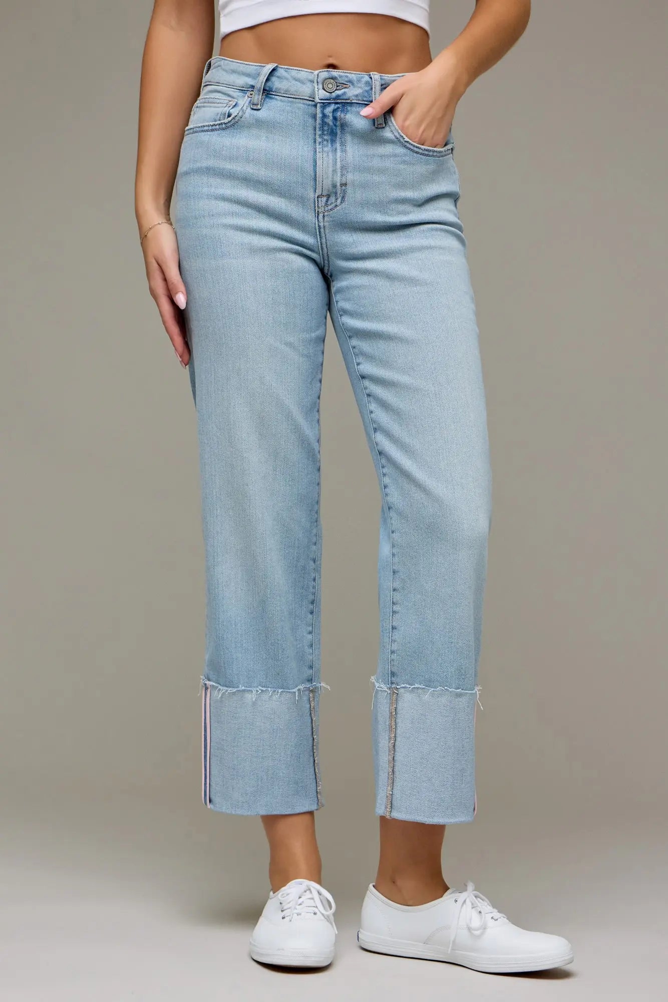 [ELLA] CROPPED PINK TAPE CUFFED CLASSIC STRAIGHT