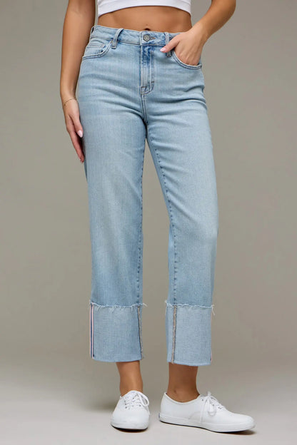 [ELLA] CROPPED PINK TAPE CUFFED CLASSIC STRAIGHT