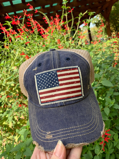 American Flag USA Distressed Trucker Hat Baseball Cap