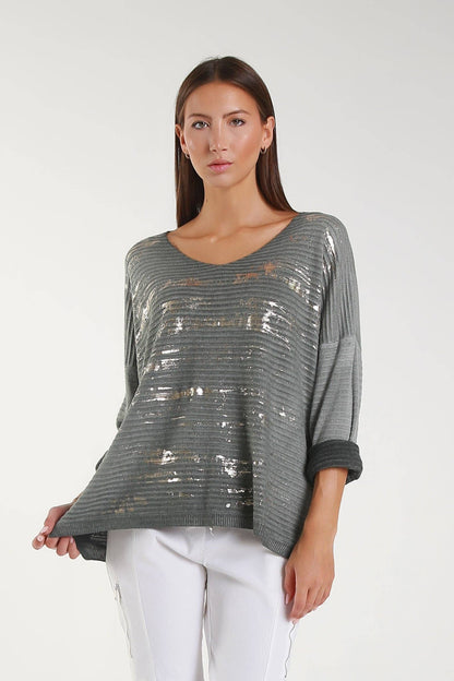 Emilia Metallic Accent Ribbed Knit Top Army