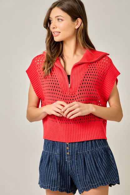 Fishnet Zip-Up Short Sleeve Sweater