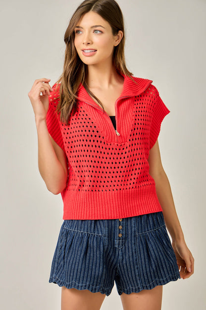 Fishnet Zip-Up Short Sleeve Sweater