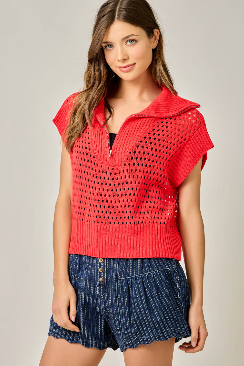 Fishnet Zip-Up Short Sleeve Sweater