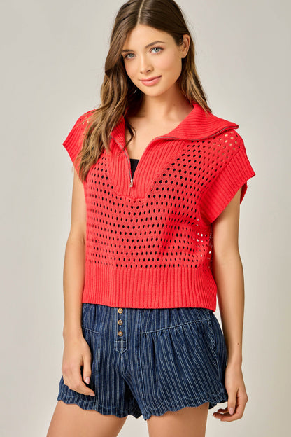 Fishnet Zip-Up Short Sleeve Sweater