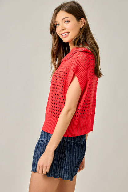Fishnet Zip-Up Short Sleeve Sweater