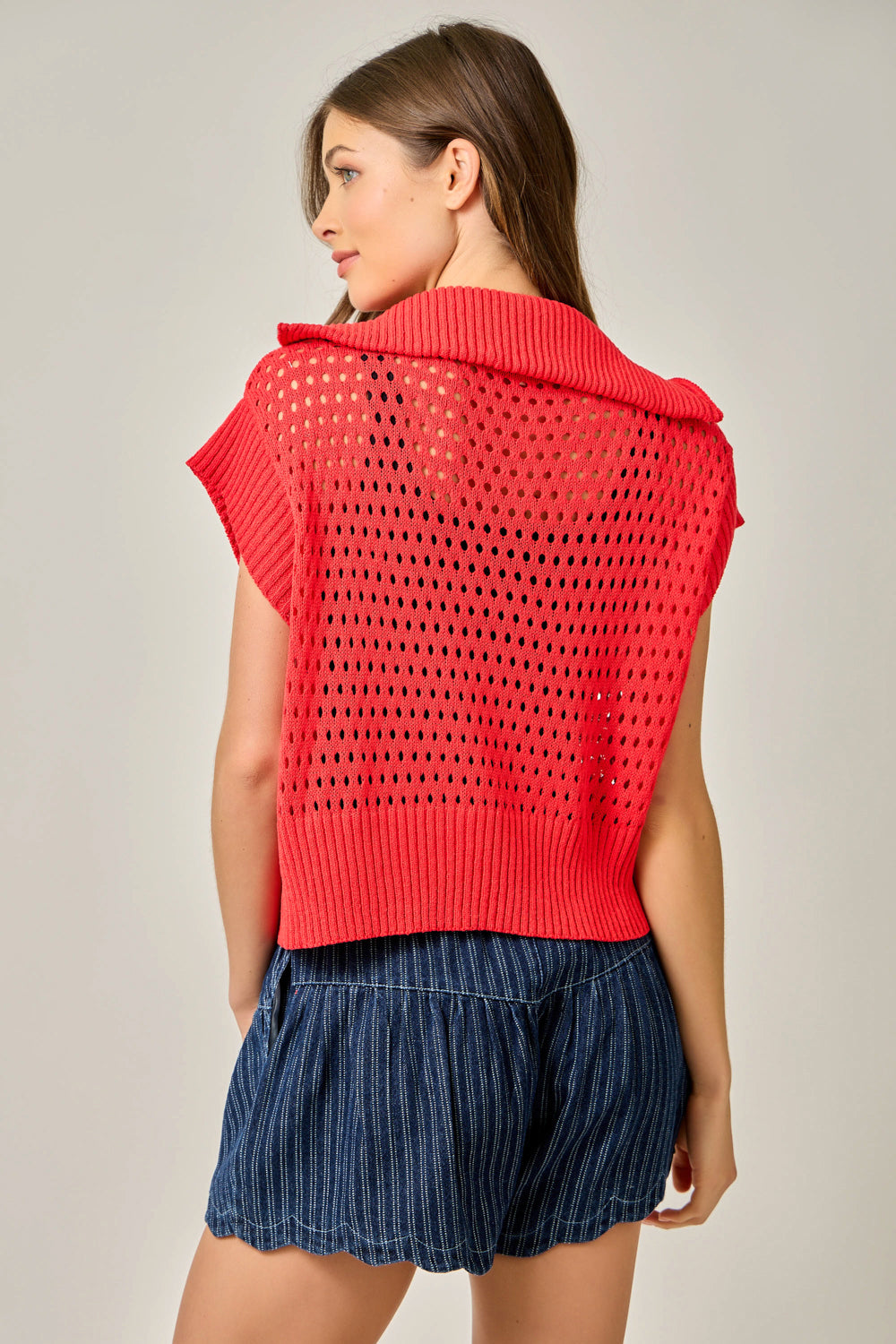 Fishnet Zip-Up Short Sleeve Sweater