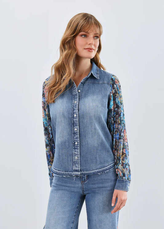 Pleated Sleeve Chambray Shirt, Watercolor Damask