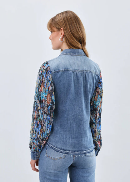 Pleated Sleeve Chambray Shirt, Watercolor Damask