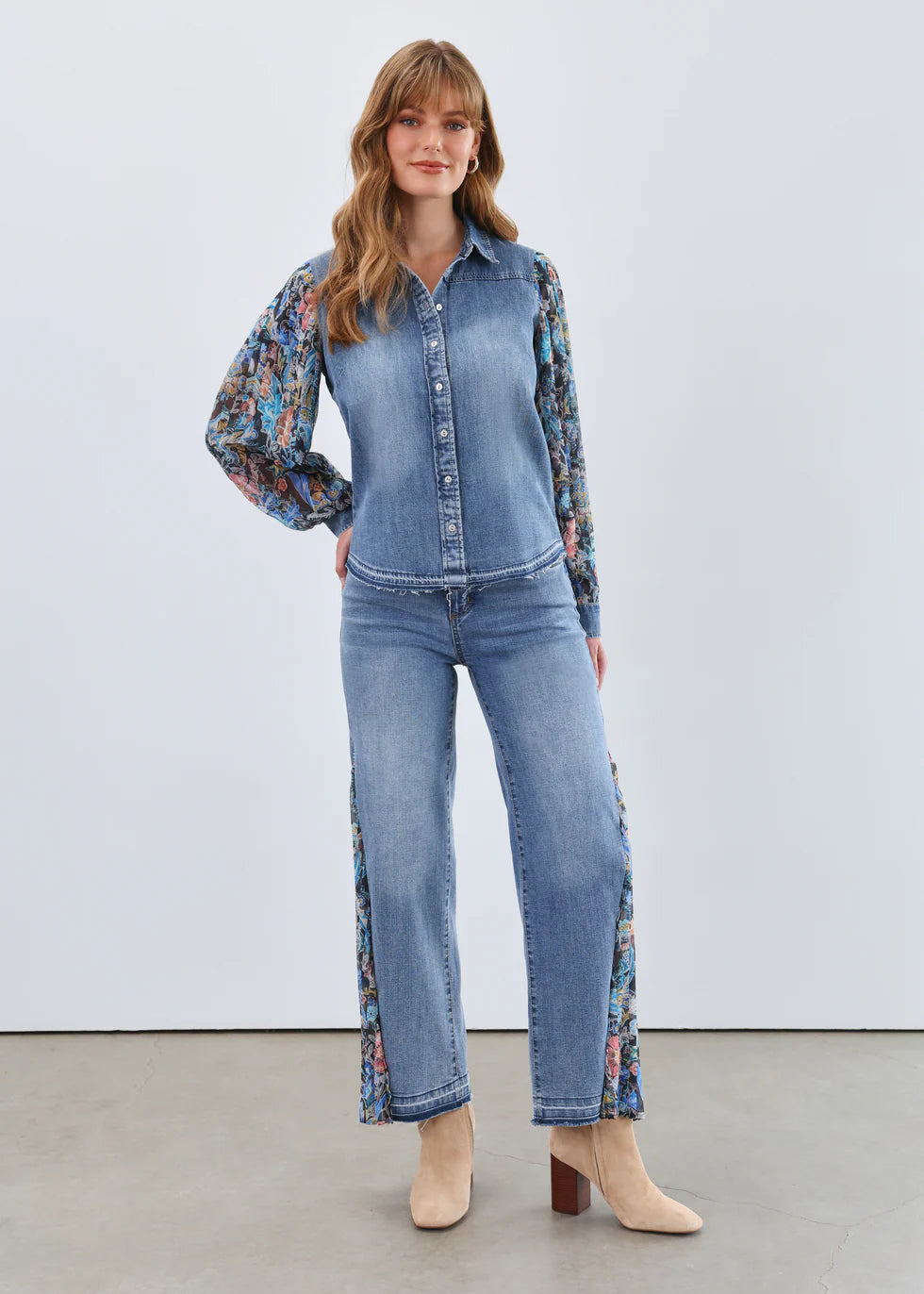 Pleated Sleeve Chambray Shirt, Watercolor Damask