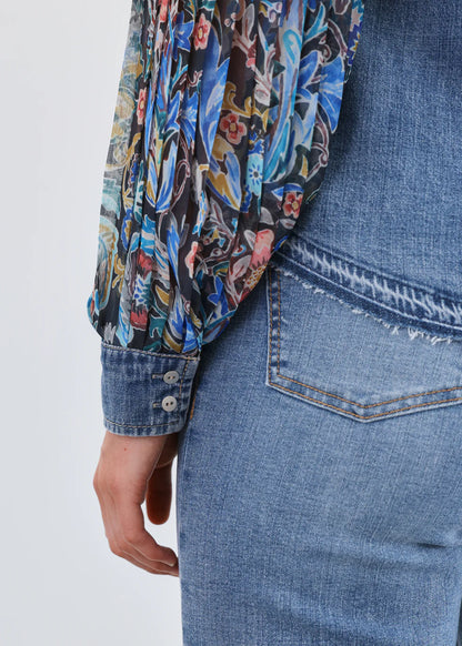 Pleated Sleeve Chambray Shirt, Watercolor Damask