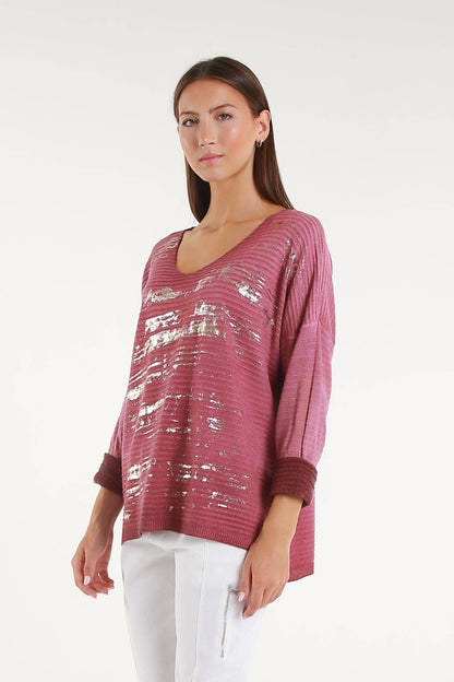 Emilia Metallic Accent Ribbed Knit Top Dark Wine