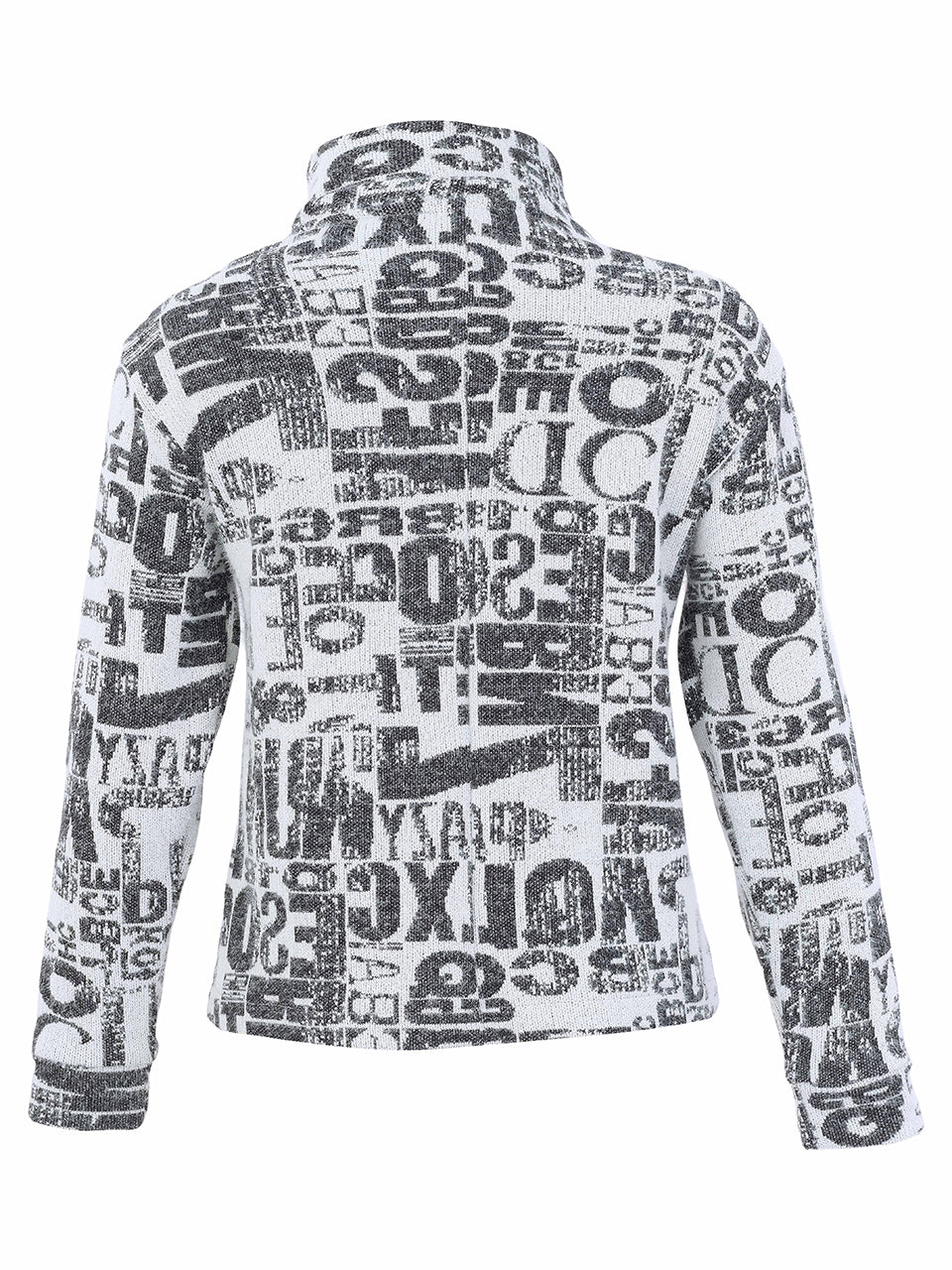 A long-sleeve high-neck top with a black and white graffiti-style text print, shown from the back against a plain white background.