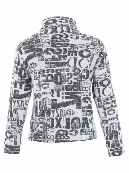 A long-sleeve high-neck top with a black and white graffiti-style text print, shown from the back against a plain white background.