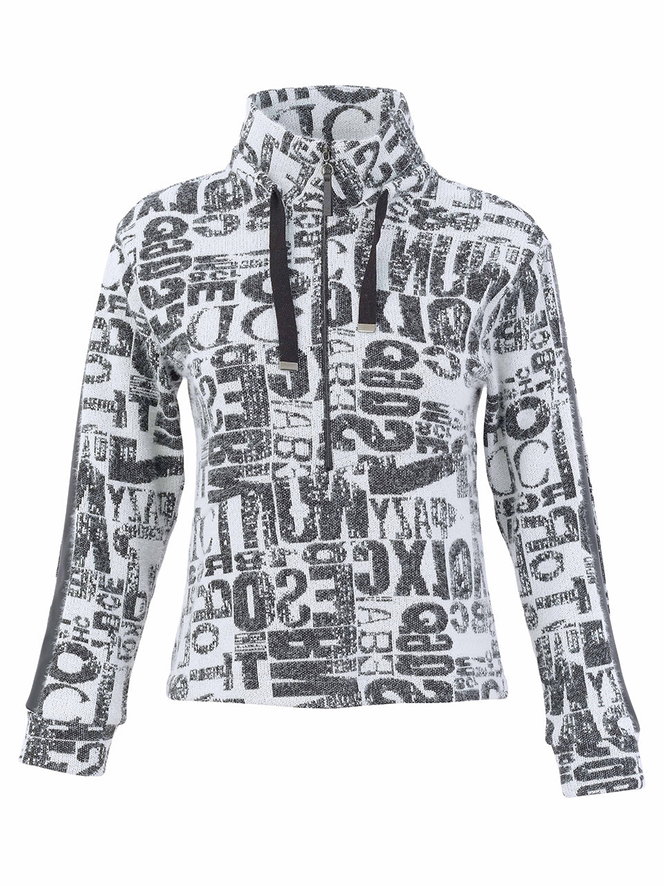A women's long-sleeve half-zip pullover hoodie featuring a high mock neck collar and an all-over black and white graffiti-style text print, shown against a plain white background.