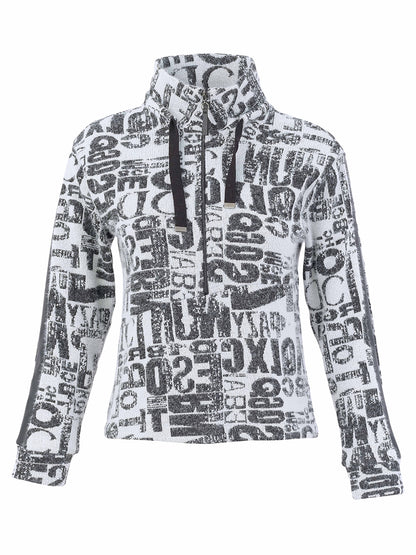 A women's long-sleeve half-zip pullover hoodie featuring a high mock neck collar and an all-over black and white graffiti-style text print, shown against a plain white background.