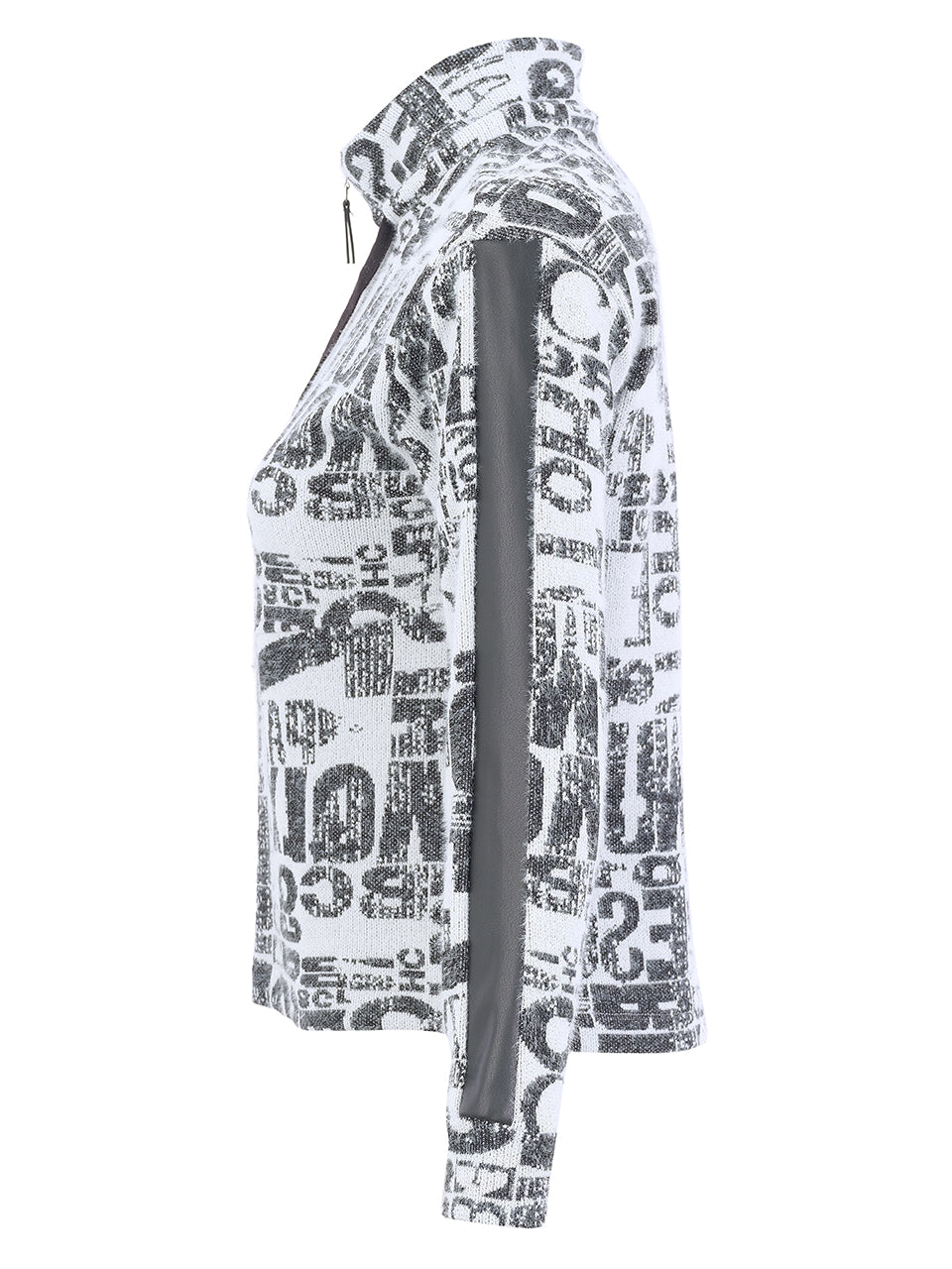 A women's long-sleeve zip-up jacket featuring a black and white graffiti-style text print on the body and sleeves, contrasted with solid dark gray panels on the inner sleeves and side.