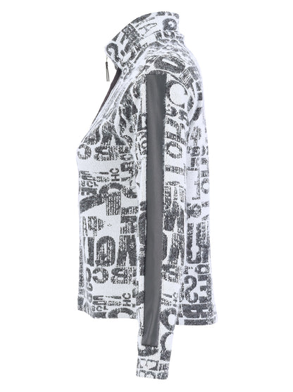 A women's long-sleeve zip-up jacket featuring a black and white graffiti-style text print on the body and sleeves, contrasted with solid dark gray panels on the inner sleeves and side.