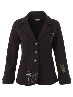 A dark brown women's blazer jacket featuring gold buttons, embroidered star details on the sleeves, and 'LOVE' text with musical notes near the hem.