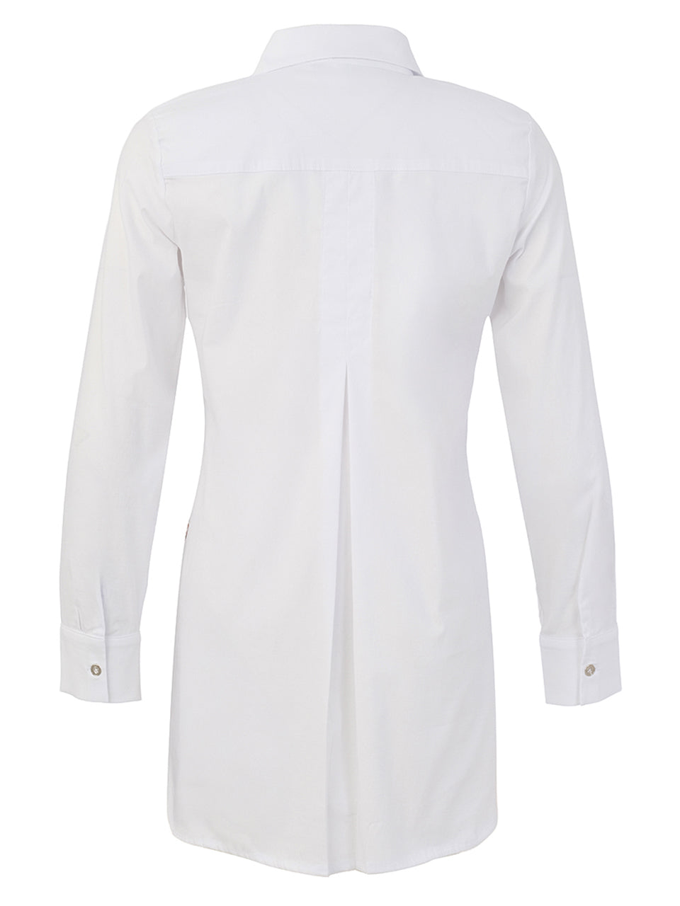 A white long-sleeve button-down shirt shown from the back, featuring a collar, button cuffs, and a central back seam, displayed on a clean white background.