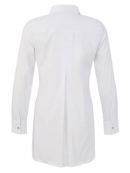 A white long-sleeve button-down shirt shown from the back, featuring a collar, button cuffs, and a central back seam, displayed on a clean white background.