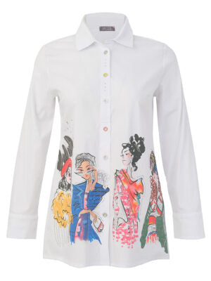 A white long-sleeve button-up shirt with a colorful fashion illustration of women in traditional Japanese-style clothing printed along the lower front.