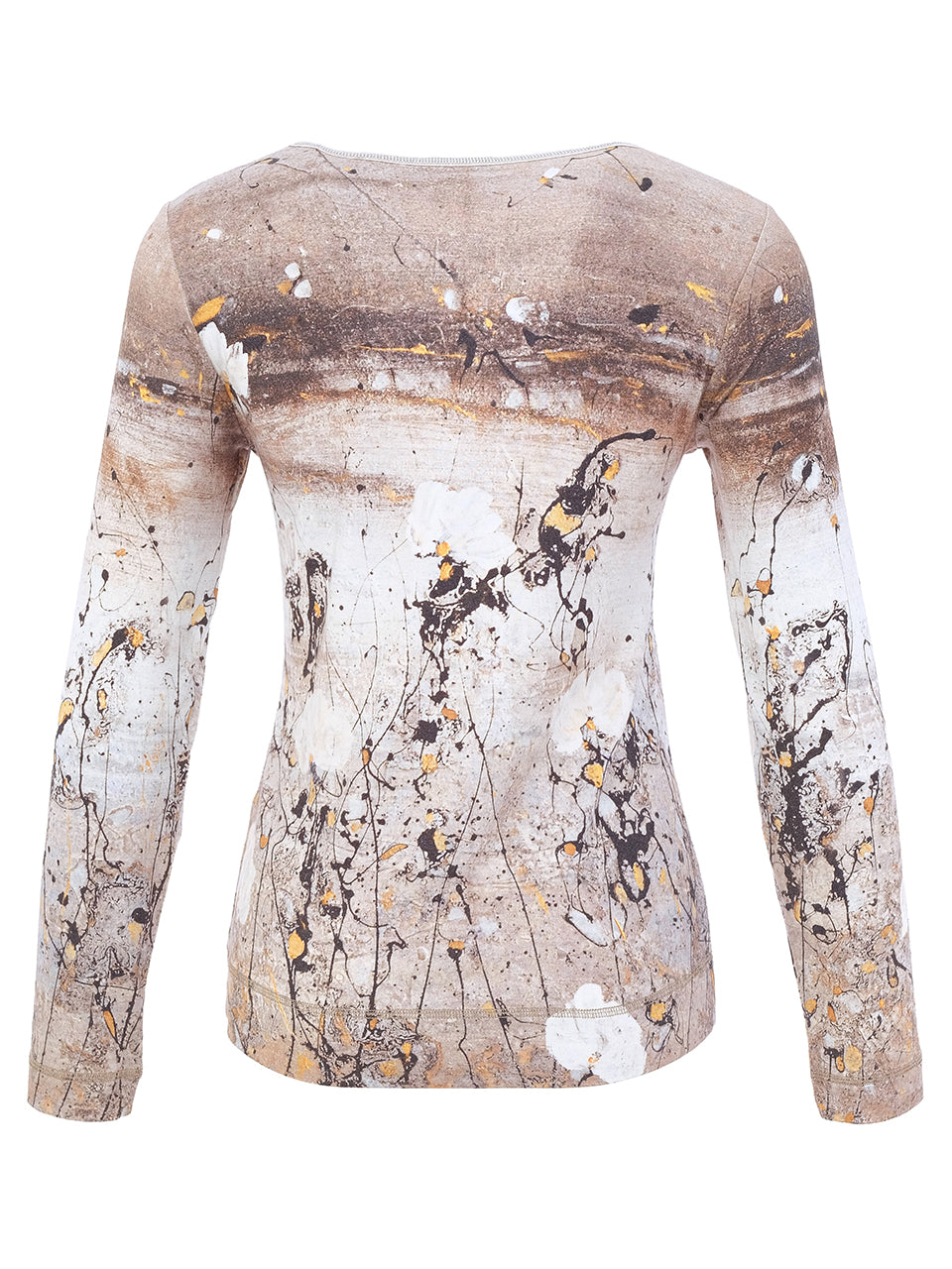 A long-sleeve crewneck top featuring an abstract paint splatter and brushstroke pattern in beige, brown, white, and black with small gold accents, displayed on a ghost mannequin against a white background.