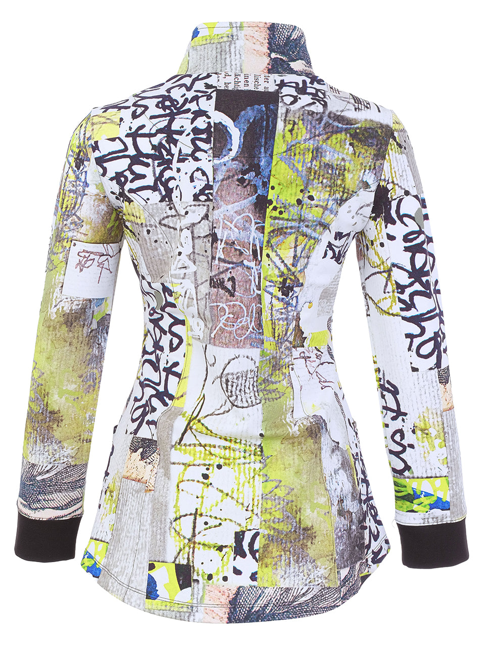A women's long-sleeve button-up shirt with a high collar, featuring an abstract graffiti-style print with black scribbles, lime green, yellow, gray, and white elements, finished with solid black cuffs.
