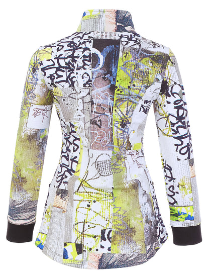 A women's long-sleeve button-up shirt with a high collar, featuring an abstract graffiti-style print with black scribbles, lime green, yellow, gray, and white elements, finished with solid black cuffs.