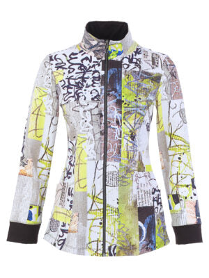 A women's long-sleeve zip-front jacket featuring a vibrant graffiti-style abstract print in yellow, black, white, and gray, with solid black cuffs and collar.