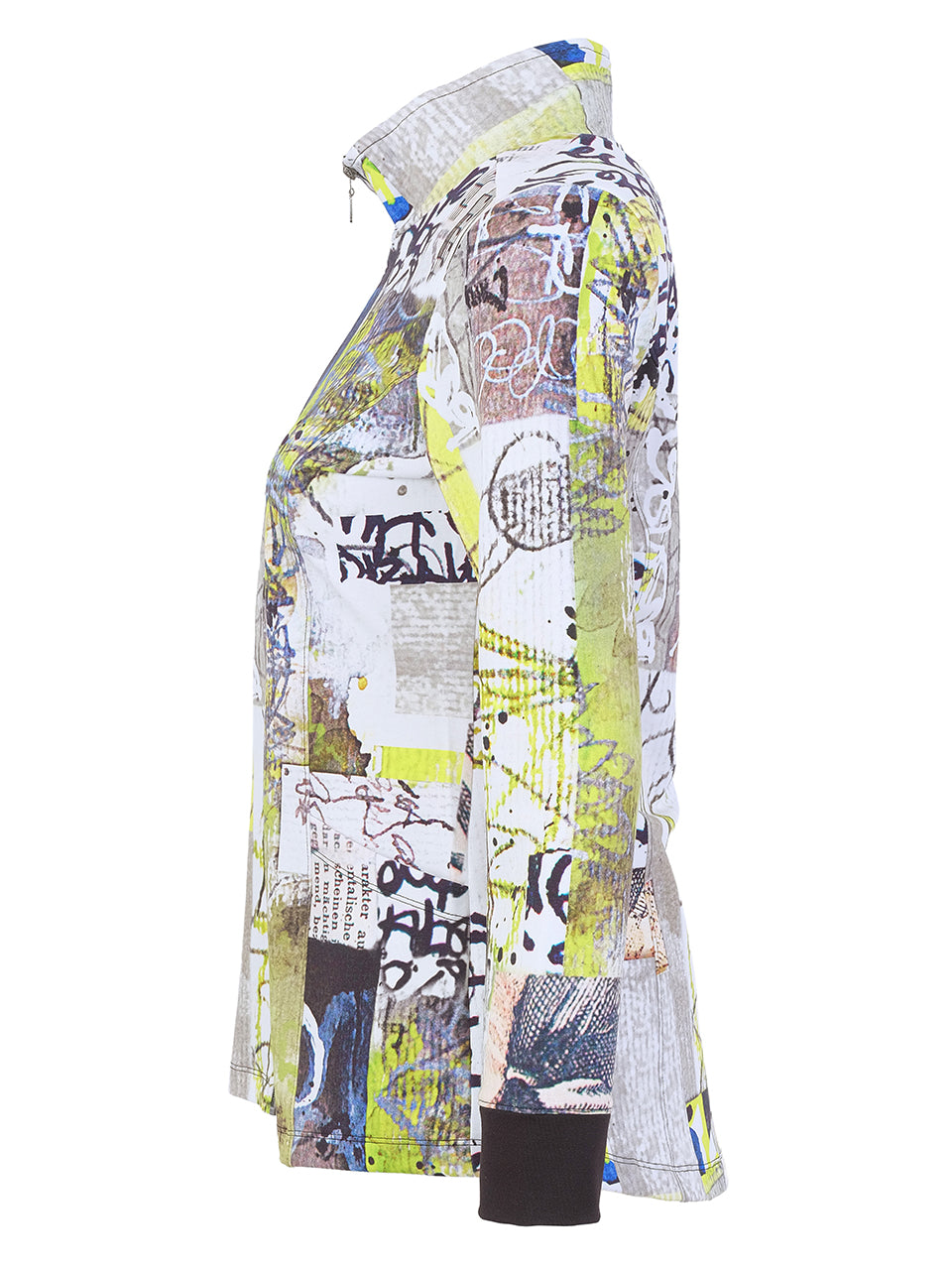 A long-sleeve button-up shirt shown in side profile, featuring an abstract graffiti-style print with neon yellow, black, white, gray, and brown elements.