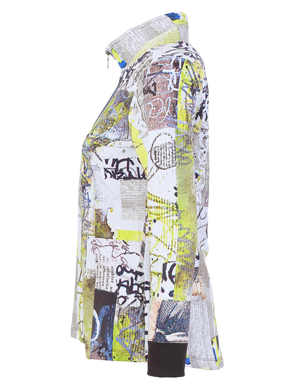 A long-sleeve button-up shirt shown in side profile, featuring an abstract graffiti-style print with neon yellow, black, white, gray, and brown elements.