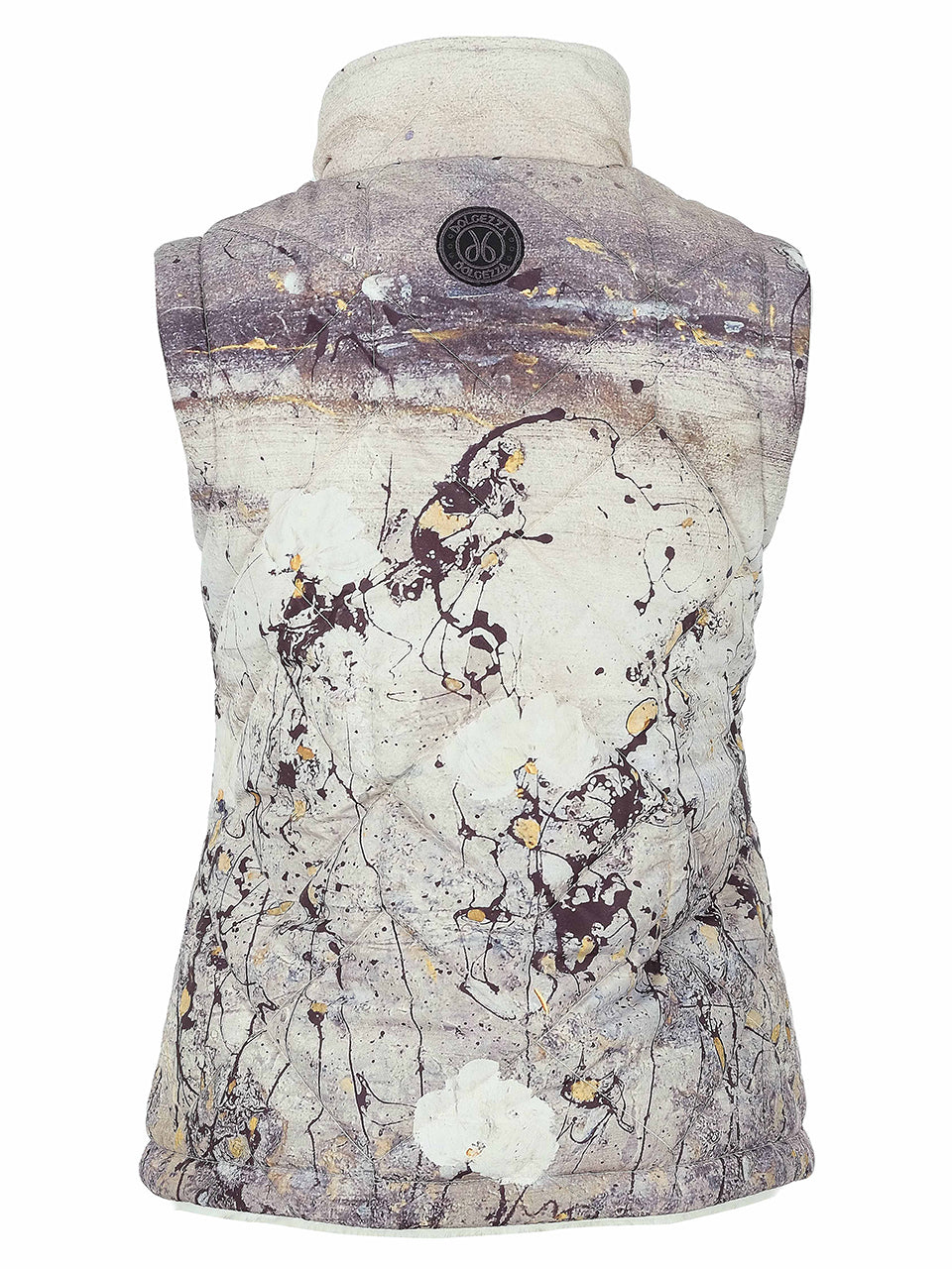 A sleeveless vest with a high collar, featuring an abstract paint splatter pattern in shades of gray, beige, and brown. A circular black brand patch is visible on the upper back.