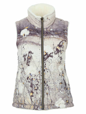 A sleeveless zip-front vest with a high stand-up collar, featuring a textured abstract print in shades of gray, beige, and brown with small yellow accents, and a soft cream-colored lining visible inside the collar.