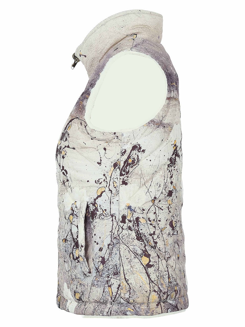 A sleeveless vest with an abstract paint splatter pattern in gray, black, and muted gold on a white base, shown on a plain white background.