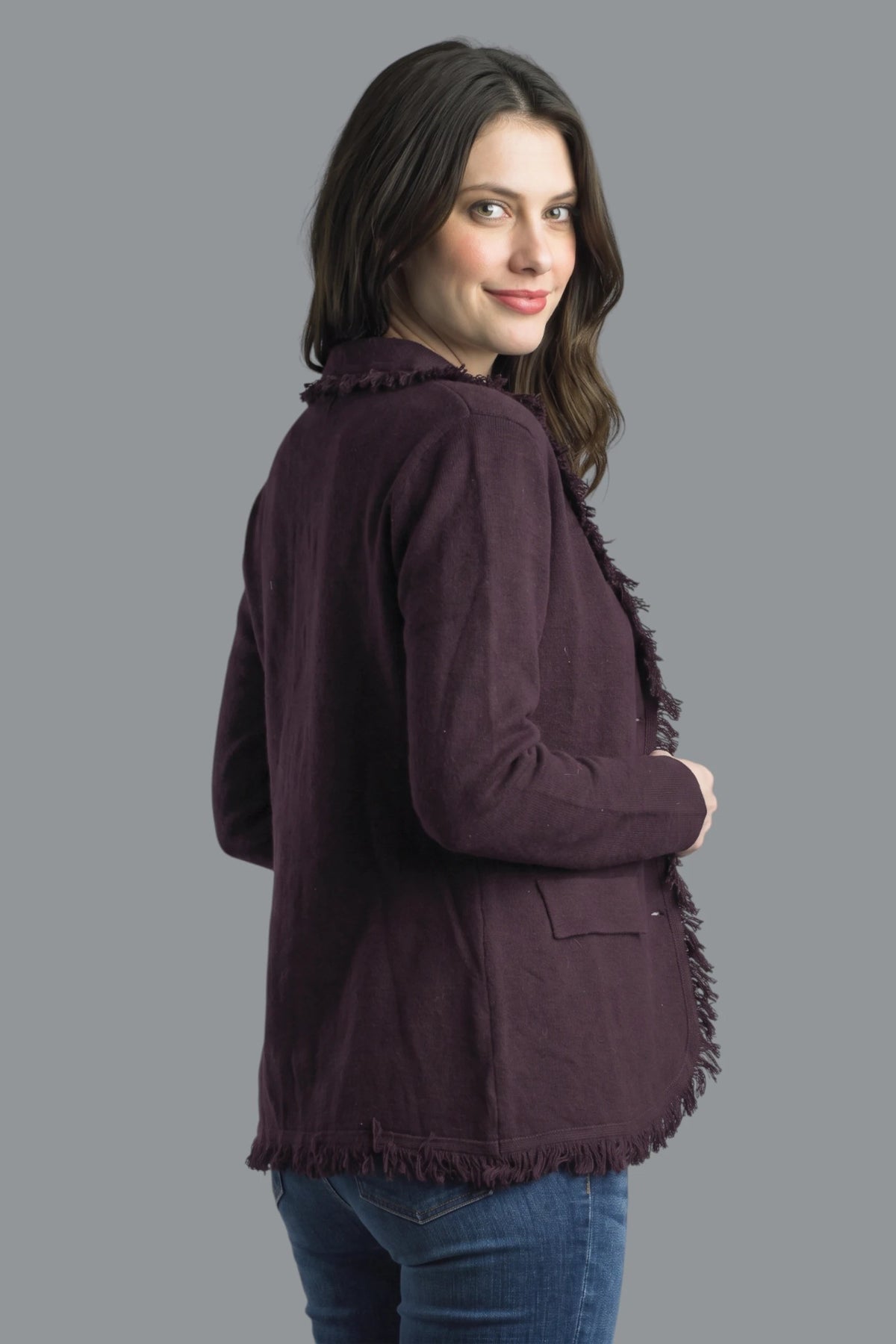 Frayed Edge Knit Blazer Plum