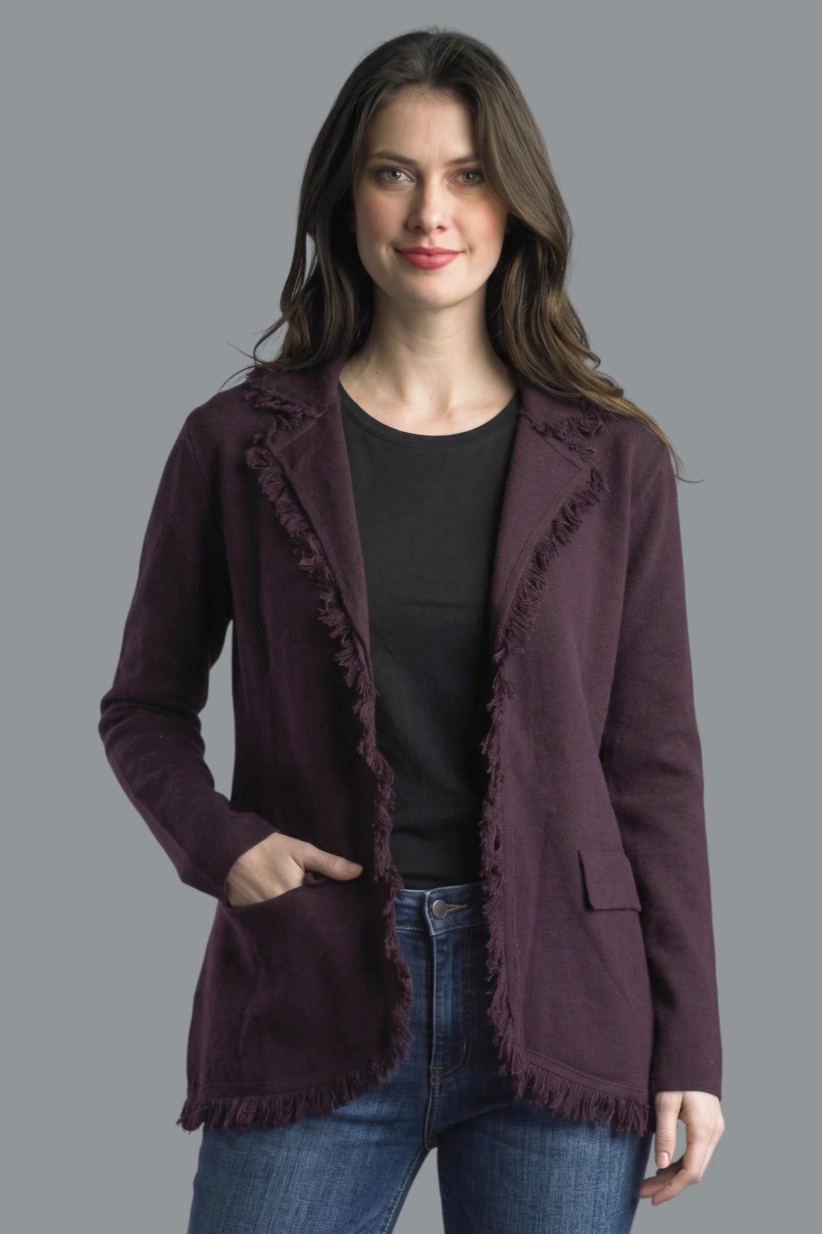 Frayed Edge Knit Blazer Plum
