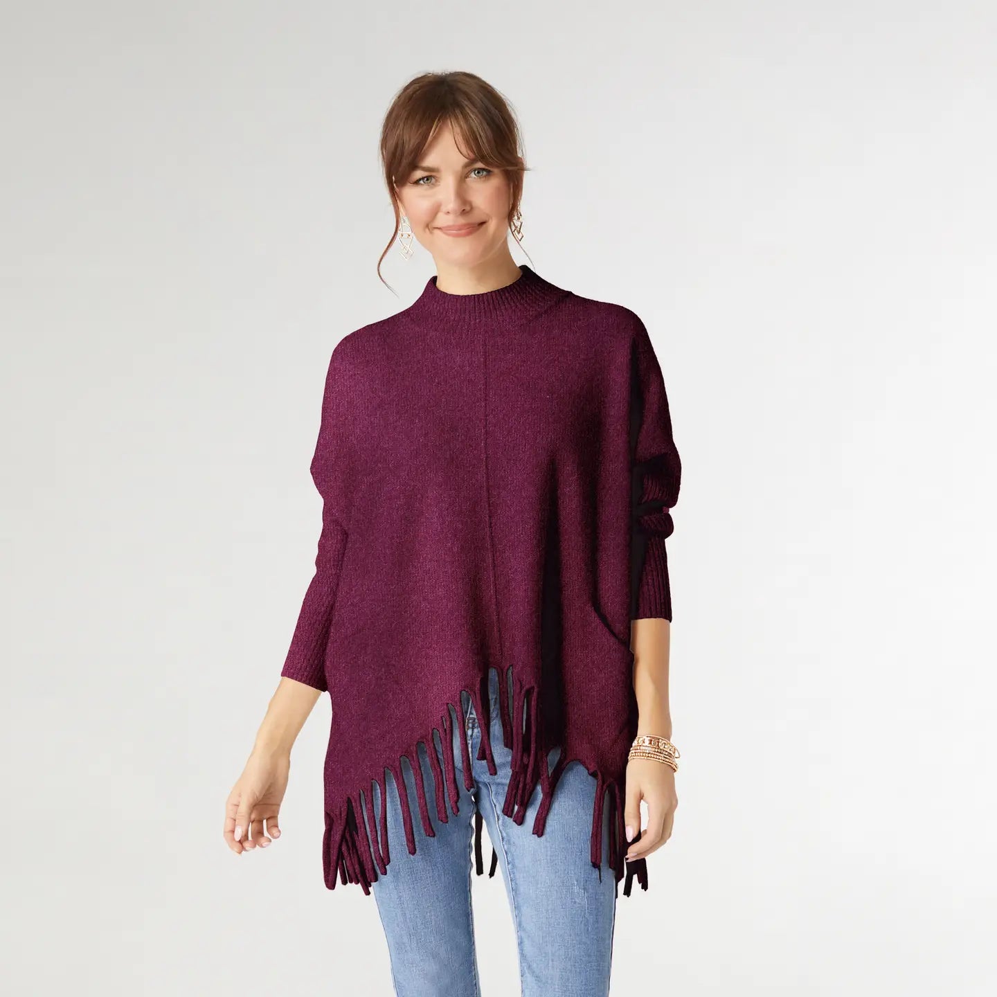 Heavenly-Luxe Flowy Mock Neck Fringe Sweater - Boysenberry